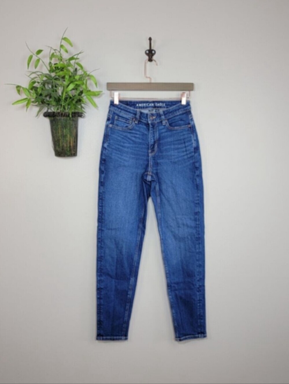 AE 0 L American Eagle Mom Jeans High Rise Dark Blue Wash Stretch Relaxed Baggy